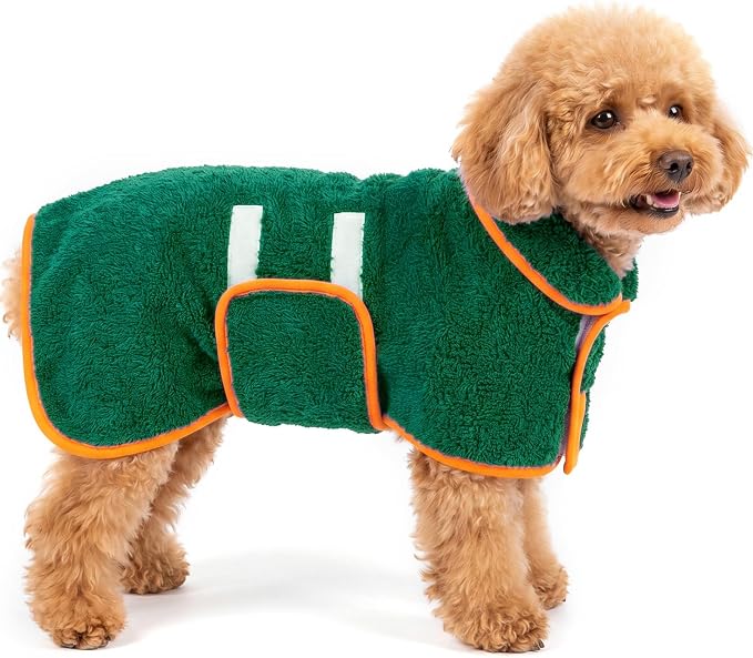 Bienbee Dog Bathrobe, Super Absorbent for Small to Large Dogs, Green S | Dog Robes with Soft Fleece, Warm & Cozy, Adjustable Fit, and Quick Drying Coat for Baths Swimming and Grooming