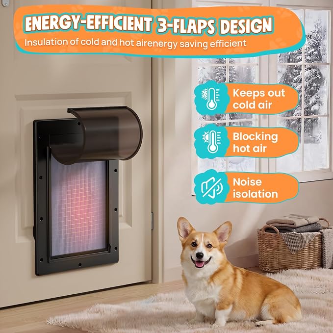 3-Flaps Medium Dog Door for Door, Pets Up to 45 lb | Durable Plastic Frame, Insulated Flap, Closing Panel, Block Wind & Snow, Easy Install for Interior & Exterior Doors