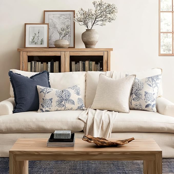 Set of 2 Lumbar Floral Pillow Covers 12x20 Inch Light Blue | Decorative Neutral Hydrangea Print, Boho Vintage Throw Pillows, Cottagecore Home Decor, for Sofa Couch Porch Bed Living Room