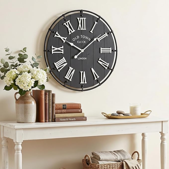 EMAX HOME 20 Inch Large Farmhouse Wall Clock, Rustic Black Distressed Wood Grain Face with White Roman Numerals, Silent Non-Ticking Quartz Movement, Metal Frame Wall Decor for Living Room, Bedroom.