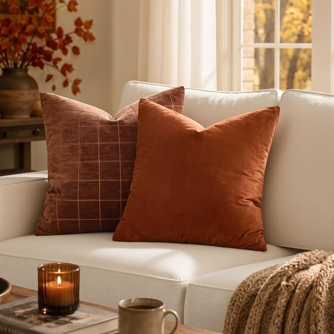 MIULEE Fall Burnt Orange Plaid Euro Throw Pillow Covers 22x22 Set of 2 | Vintage, Check Chenille Couch Pillows, Neutral Boho Farmhouse Cushion Covers, Modern Home Decor for Sofa Bed Living Room