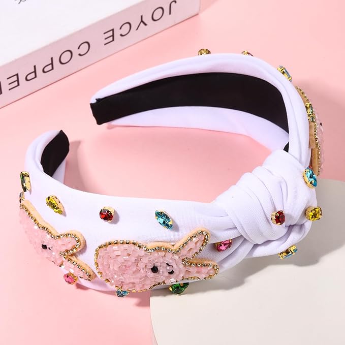 mokkia Easter Headbands Beaded Rabbit Bunny Headband for Women Pink Spring Knotted Headband Easter Hair Accessories Gifts