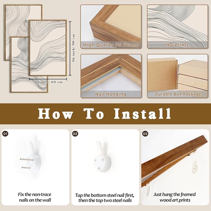 Large Beige Abstract Wall Art Framed Neutral Modern Canvas Wall Decor Minimalist Line Wave Painting 24x36 Inch Pictures Set of 3 for Living Room Bedroom Dining Room