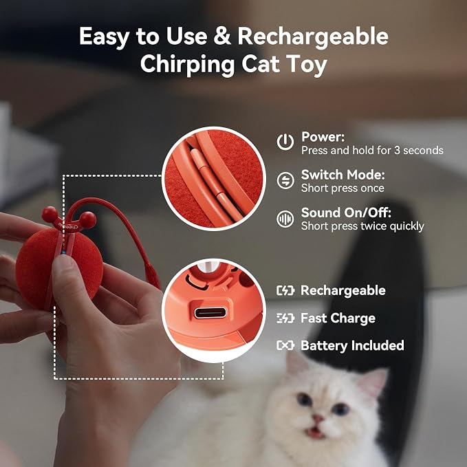 Cheerble Interactive Cat Toy Ball, Smart Automatic Electric Cat Toys for Indoor Cats with 3 Speeds, Chirping Moving Motion Activated Teaser Rolling Ball Toy for Cats/Small Dog to Keep Them Busy