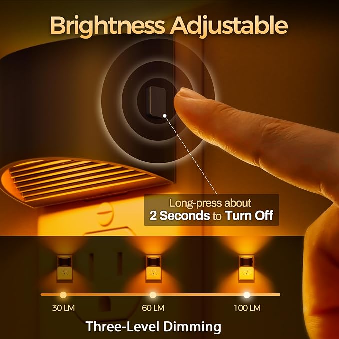 Night Light, Night Lights Plug into Wall, Adjustable, Amber | 3 Level Brightness Adjustable Night Light, Dusk to Dawn Sensor, Nightlights for Adults, Bedroom, Bathroom, Hallway, 2 packs