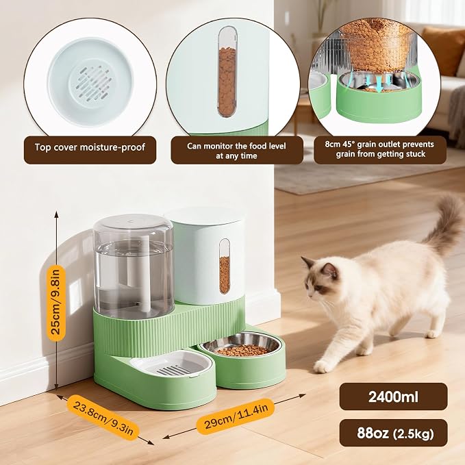 2 in 1 Automatic Gravity Cat Dog Feeder and Water Dispenser with 304 Stainless Steel Bowls, 360 Degree Rotatable Auto Food with 2 Specialized Brushes for Small Medium Pet Dog Puppy Kitten (Green)