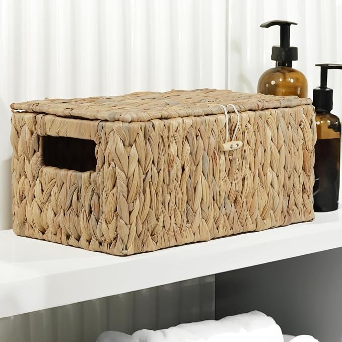 ORDELITE Water Hyacinth Wicker Storage Basket with Lid, Medium | Built-In Handles, Shelf Organizer Bin, Rectangular Woven Box, Multipurpose Home Storage, Natural Decor