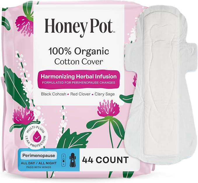 Honey Pot - Perimenopause All Day All Night Pads for Women - 100% Organic Cotton Top Sheet - Feminine Care - Multi-Fluid Absorbency - Harmonizing Herbs of Black Cohosh, Clary Sage, & Red Clover - 44ct