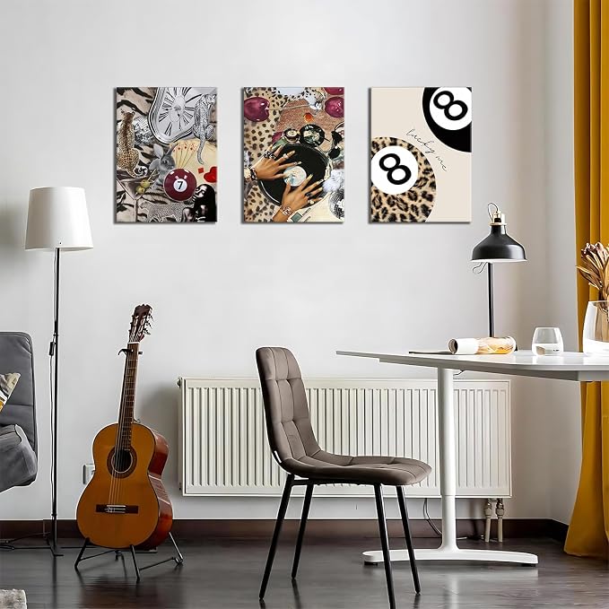 Trendy Leopard Wall Art Set of 3 Cheetah Canvas Aesthetic Wall Decor Funky Black Girl 8 Ball Lucky Poster Prints Pictures Artwork for Bedroom Living Room 12x16 Inch Framed