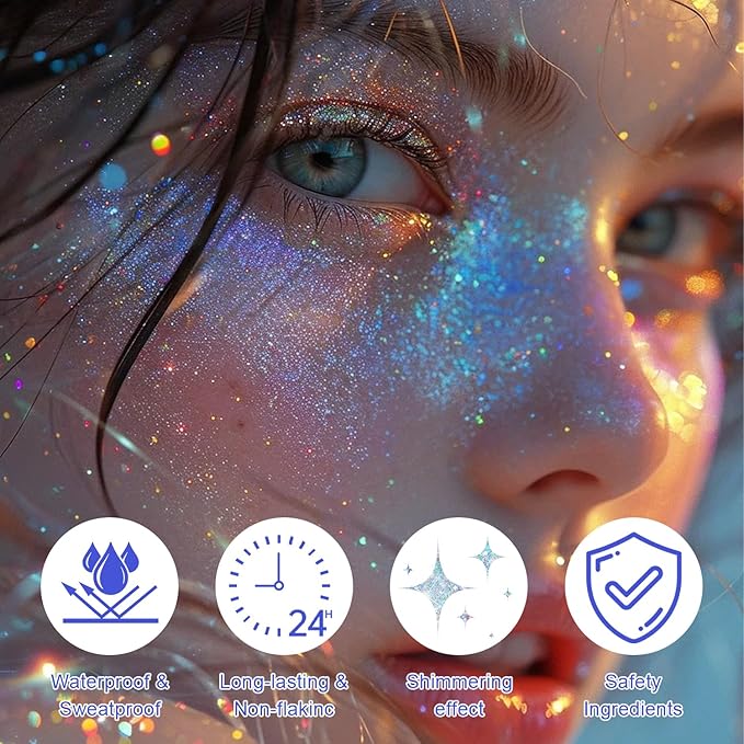 Roll-on Holographic Body Glitter Gel for Face and Hair, Chameleon Color Changing Glitter Gel Under Light, Chunky Mermaid Sequins Festival Party Rave Accessories Body Shimmer Makeup (Glint-Rainbow)