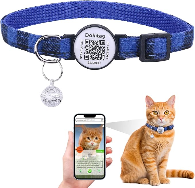 Cat Collar Breakaway with QR Code Name Tag,Collar with Bell and ID Tag，Scan QR Receive Instant Pet Location Alert Email (Blue)