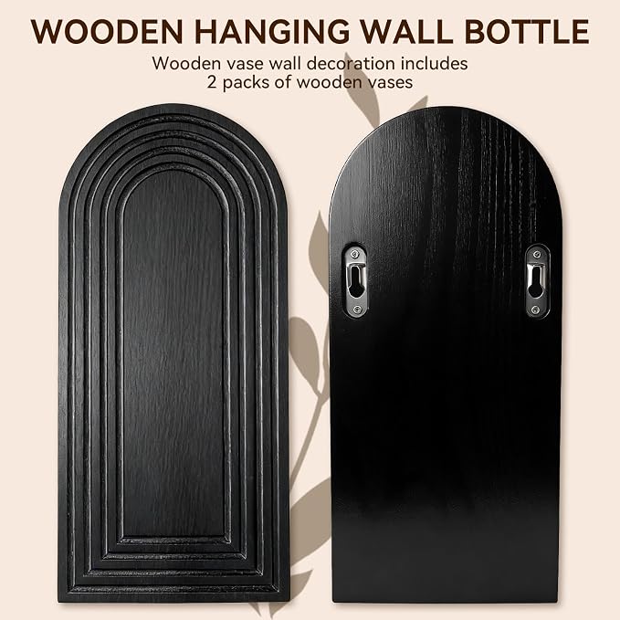 2 Pack Wooden Wall Vase Set, Boho Hanging Planter for Indoor Plants & Flowers, Wood Wall-Mounted Planters for Living Room, Modern Farmhouse Entryway or Bathroom, Rustic Art for Home (Black)