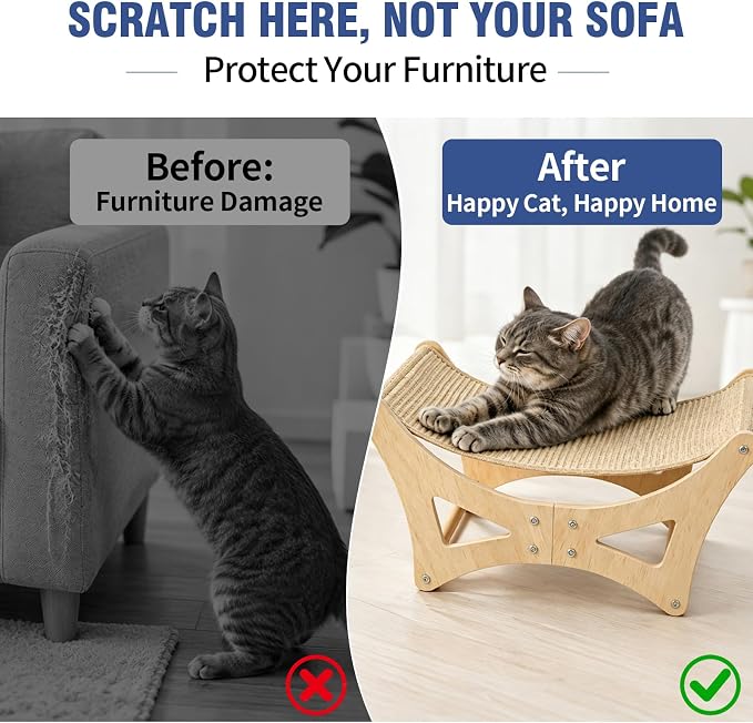 Cat Hammock Bed for Large Cats, Elevated Wooden Bed with Natural Sisal Scratching Mat, Cozy Lounge with Soft Cushion, Supports Up to 40 LBS, Modern Indoor Furniture