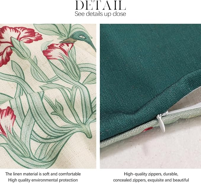 patdrea Designer French Vintage Linen Throw Pillow Cover,18"x18"-Cecilia E | Decorative Pillow Case with Zipper,Green Floral Pattern,Cushion Coverfor Couch Living Room Bedroom Sofa