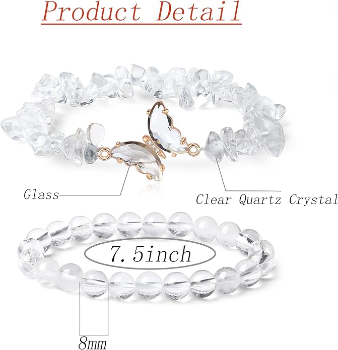 DUQGUHO 2Pcs Butterfly Bracelets for Women Healing Crystals Bracelets for Women Natural Gemstone Bead Bracelet Cute Butterfly Charm Bracelet Stretch 8mm Crystal Jewelry Gifts for Women