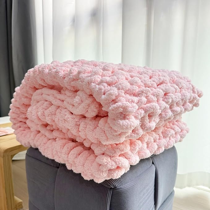 Soft Chunky Knit Throw Blanket for Couch, Cozy Warm Knitted Blankets | Hand Knit with Jumbo Chenille, Lightweight Warm Fluffy Decor for Women, Mom, Her & Girls, Sofa, Chair, Bed, 48"×71" (Pink)