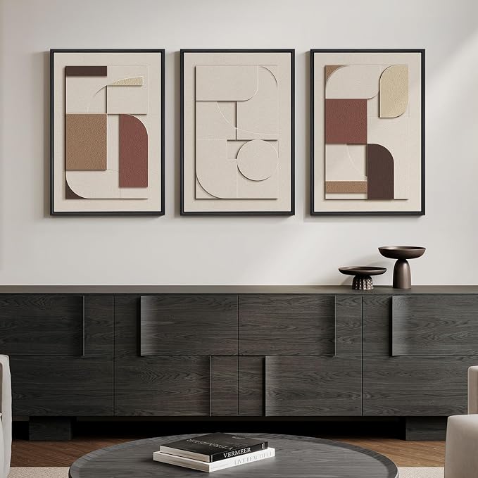 3D Textured Framed Neutral Wall Art, Brown Tan Beige Geometric Texture Artwork for Walls, 3 Piece Minimalist Modern Sandstone Art Painting for Living Room Hallway Office Kitchen Wall Decor, 16x24 Inch