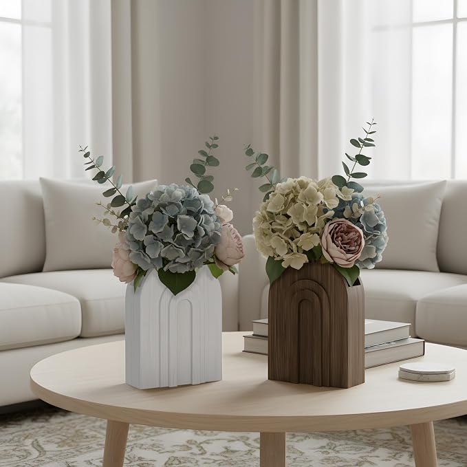 2 Pack Wooden Wall Vase White and Natural for Pampas Grass and Dried Stems | Neutral wall vases for faux flowers and pampas grass; farmhouse bathroom decor for hallway, entryway or living room
