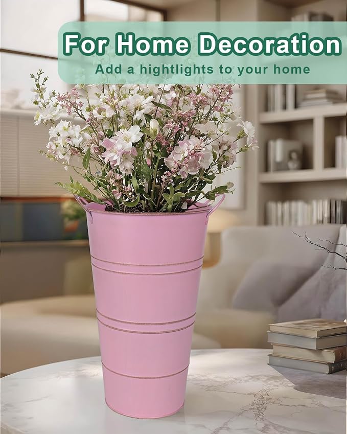 12 Inch Galvanized Metal Vase, 2 Pack Tall Flower Buckets with Handles | Galvanized metal flower buckets with handles, rustic tall vase design for dried flowers, weddings, farmhouse and home decor.