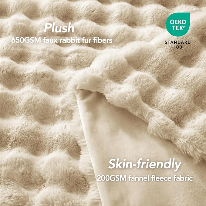 L'AGRATY Faux Rabbit Fur Throw Blanket for Couch, 50'' x 60'' Almond White | Soft Cozy Bubble Fluffy Blanket for Sofa Bed, Thick Warm Plush Fuzzy Throw for Room Home Decor, Luxury Gift for Women Mom