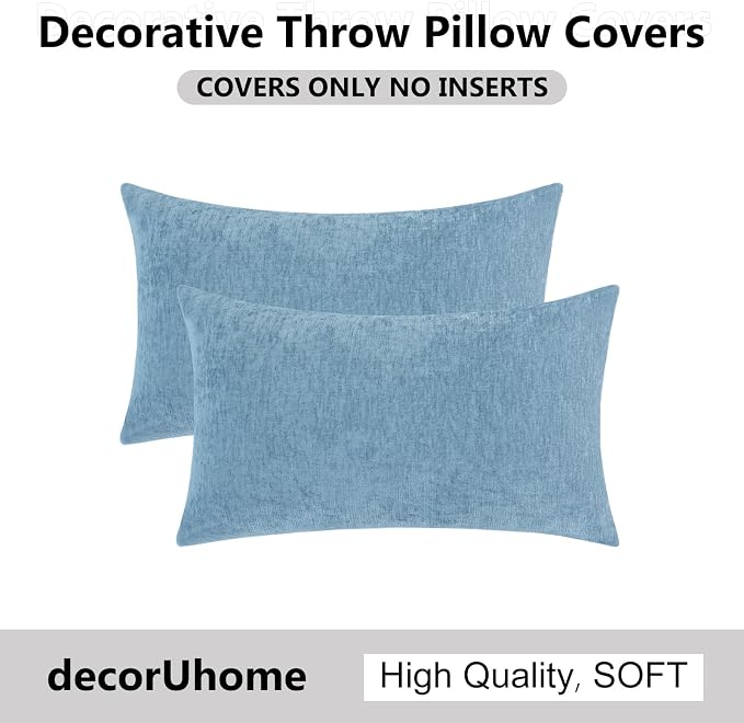 decorUhome Soft Chenille Grey Blue Throw Pillow Covers 12X20 Set of 2 | Decorative Fall Couch Pillow Covers Solid Dyed Accent Modern Farmhouse Neutral Rectangle Pillow Cases for Sofa