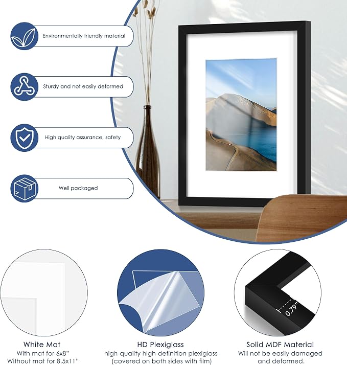 8.5x11 Picture Frame Set of 6, Wall Mounting Display, Black | Display 6x8 with Mat or 8.5x11 Without Mat, Horizontal or Vertical, Gallery Wall Frame Set for Wedding & Room & Home Decor