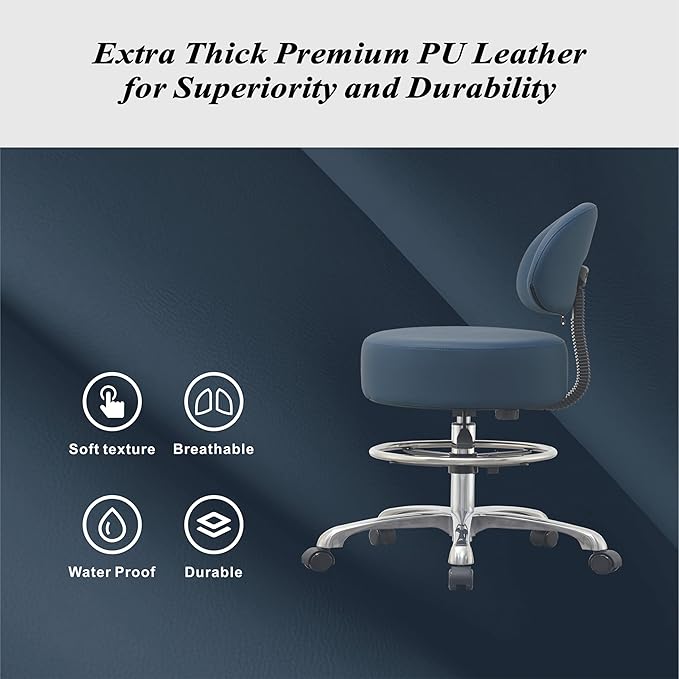 Height Adjustable Rolling Shop Stool with Back Support - Kitchen Stool with Wheels Heavy Duty Stool with Back for Salon,Spa,Massage,Tattoo,Esthetician – Rolling Stool Extra Thick for Extreme Comfort