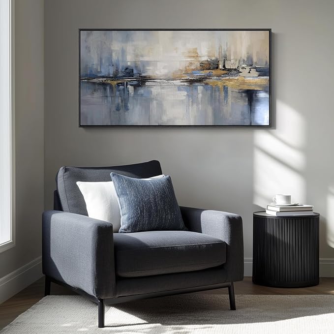 Extra Large Framed Blue Abstract Wall Art for Living Room, Horizontal 30x60 | Modern artwork for walls, Canvas prints, Wood frame, Minimalist Paintings, Pictures wall decor for bedroom dining room office