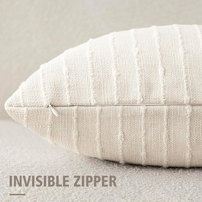 Foindtower Pack of 2 Decorative Jacquard Boucle Throw Pillow Covers Accent Textured Striped Pillowcases Cozy Modern Cushion for Couch Sofa Bedroom Living Room Home Decor 18x18 Inch Cream White
