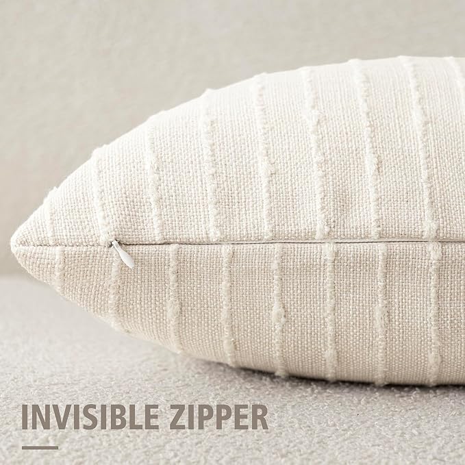 Foindtower Pack of 2 Decorative Jacquard Boucle Throw Pillow Covers Accent Textured Striped Pillowcases Soft Boho Modern Cushion for Couch Sofa Bedroom Living Room Home Decor 22x22 Inch Cream White