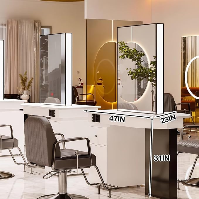 2-Person Salon Station for Hair Stylist with Sleek Modern Glossy Black Design, Barber Station includes LED Mirror, Spacious Countertop, Drawer & Cabinet
