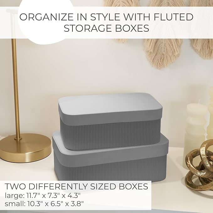 ZICOTO Decorative Storage Boxes with Lids - Set of 2 Beautiful Fluted Photo Organizer Bins for Your Home Bookshelf Decor to Safely Store Your Documents, Memory Box Items and Other Keepsakes in Style