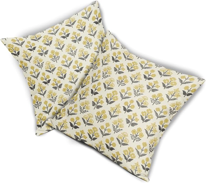 Black Yellow Floral Pillow Covers 18x18 Inch Set of 2, Vintage Flower Block Print Spring Summer Decorative Throw Pillowcases Outdoor Rustic Farmhouse Cushion Covers Seasonal Sofa Couch Bed Decor