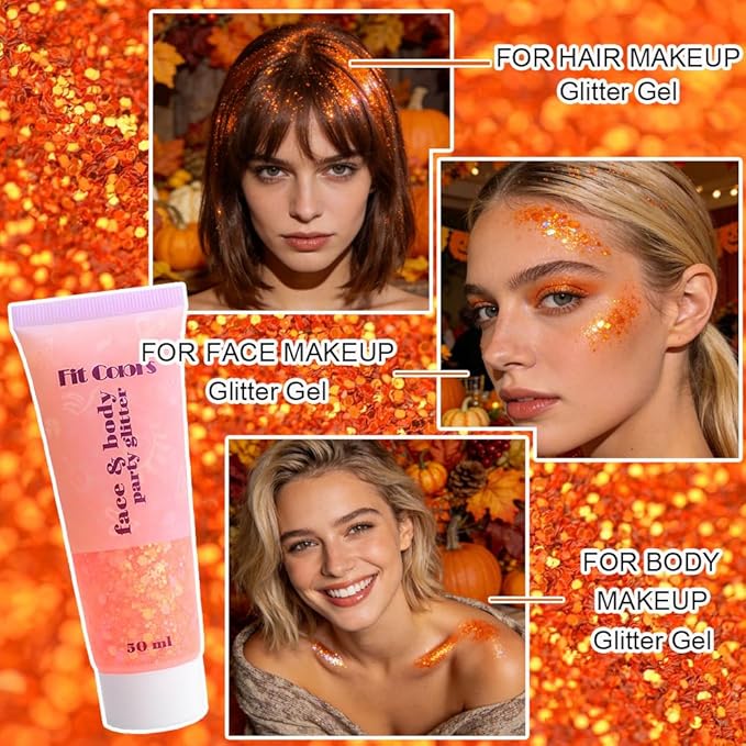 Orange Face Body Hair Glitter Gel for Women and Kids, Monochrome Holographic Mermaid Sequins Chunky Glitter Paint Makeup for Mardi Gras Halloween Festival Rave Outfits Accessories, 1.7oz, #11