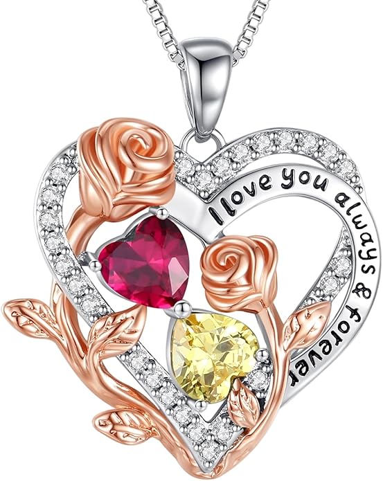 I Love You Birthstone Necklace, 925 Sterling Silver Heart Pendant with CZ Diamond Stones, Birthday Gifts for Women, Romantic Gift for Wife, Girlfriend, Her, Anniversary, Valentine's Day, Christmas