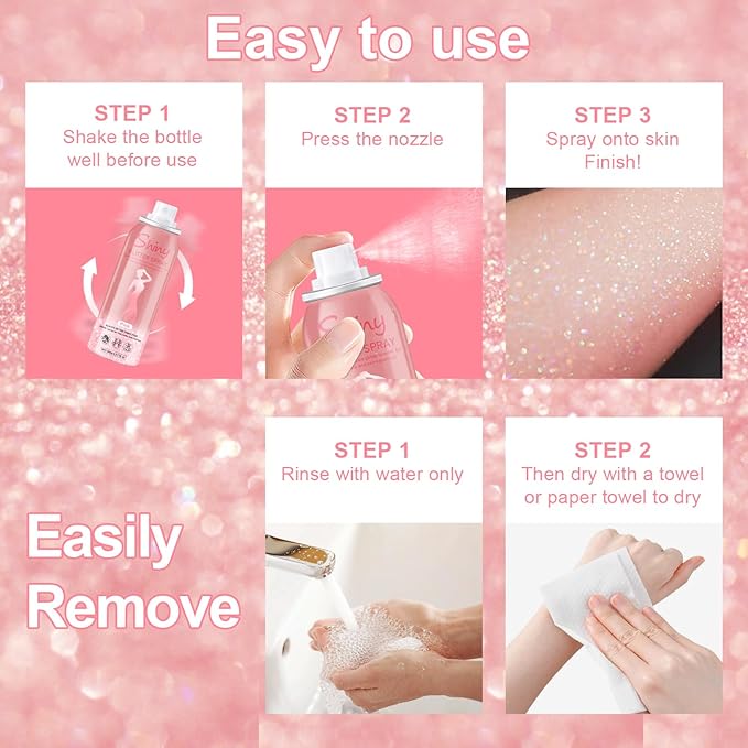 Hair and Body Glitter Spray, Holographic Glitter Highlighter Powder, Hairspray for Clothes, Face Body Shiny Glitter, Loose Shimmer Hairspray Festival Rave Prom Accessories, 2.11 Fl Oz (Pink)