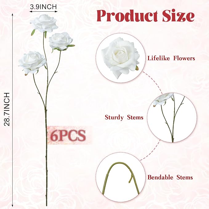 INXUGAO Artificial Flowers Fake Roses, 6Pcs 28" Long Stem Silk White Roses for Outdoor Indoor, Realistic Faux Flowers for Tall Planter Vase Porch Patio Decor