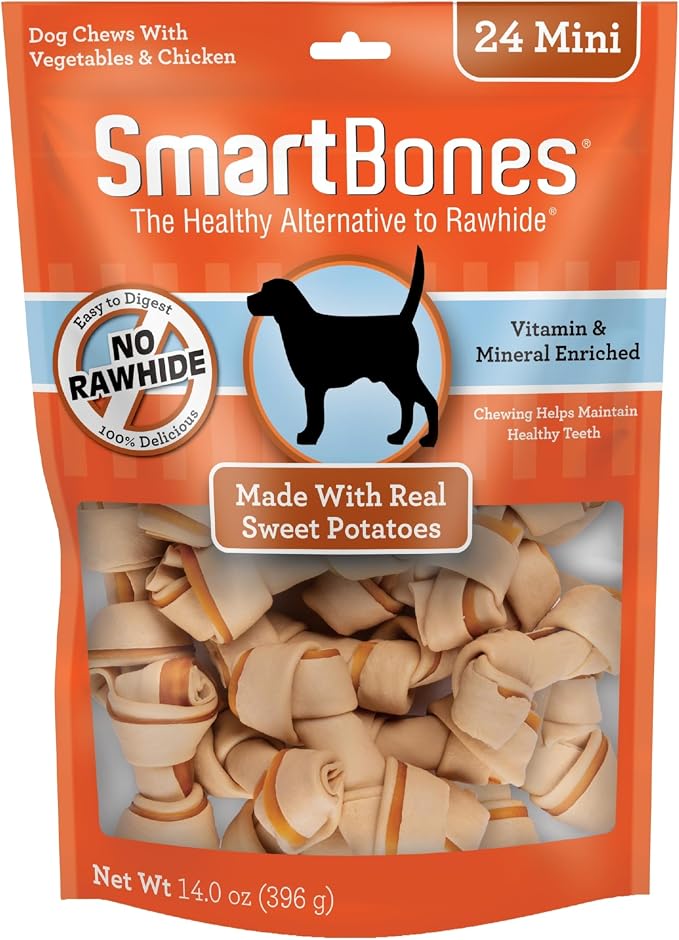 SmartBones Mini Bones Rawhide-Free Dog Treat, Real Sweet Potato, 24 Count | With Real Sweet Potatoes & Chicken, Easy To Digest Chew, Vitamin & Mineral Enriched, Supports Dental Health, For Small Dogs