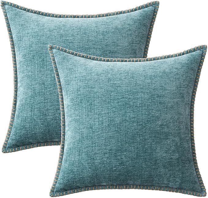 MIULEE Decorative Couch Throw Pillow Covers 18x18 Inch Coastal Aqua Blue | 2 Pack, Farmhouse Pillow Covers with Stitched Edge, Soft Chenille Cushion Cases, for Sofa Bed Living Room Home Decor