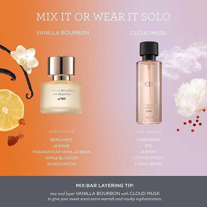 MIX:BAR Vanilla Bourbon Perfume for Women - Woody, Vanilla Bean, Amber Scent - Eau de Parfum Spray - Hair Mist Perfume - Long‑Lasting Fragrance,1.7oz