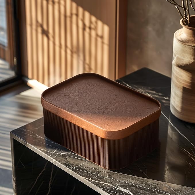 La Jolie Maison Decorative Storage Boxes with Lids Faux Leather, 3 Pack | Chestnut Vegan Leather Lids, Fluted Cardboard Storage Basket, Organizer for Shelves, Bedroom & Closet Storage Memory Box