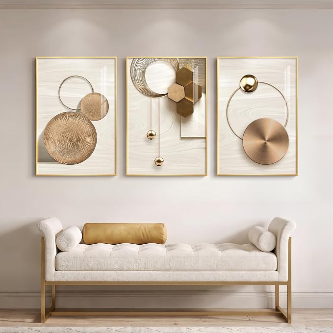Large Framed Modern Luxury Gold Wall Art for Living Room, 3 Piece 24x36 In | Bright style art prints, Golden geometric pictures, Crystal coating wall art, Fade resistance prints for bedroom dining room