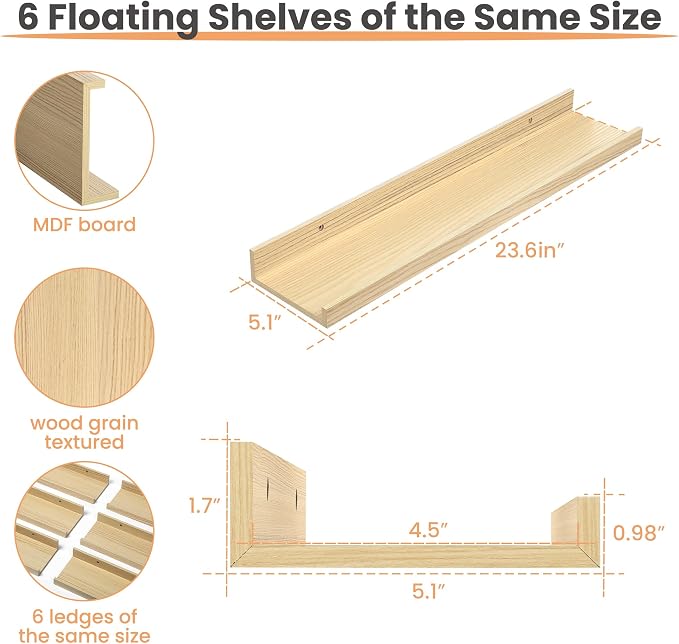 upsimples Floating Shelves for Wall Decor Storage, Natural, 6Pcs, 23.6'' | Wall Mounted Wood Shelves for Living Room, Bedroom, Bathroom, Kitchen, Office, Nursery Room, Coffee Bar Display and Organize
