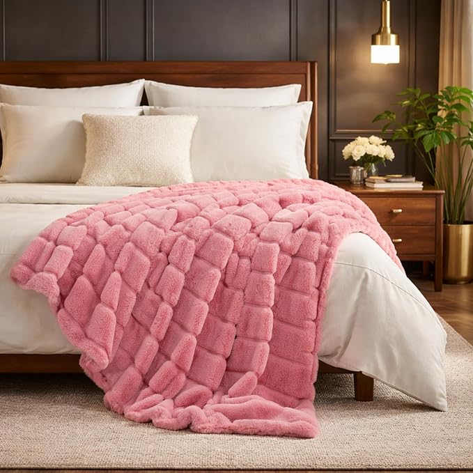 Cozy Bliss Deluxe Sheared Rabbit Faux Fur Throw Blanket, Soft Fuzzy High-Low Sculpted Plush Blanket for Couch, Cozy Home Accent, All Season Use, Pink 60"x80"
