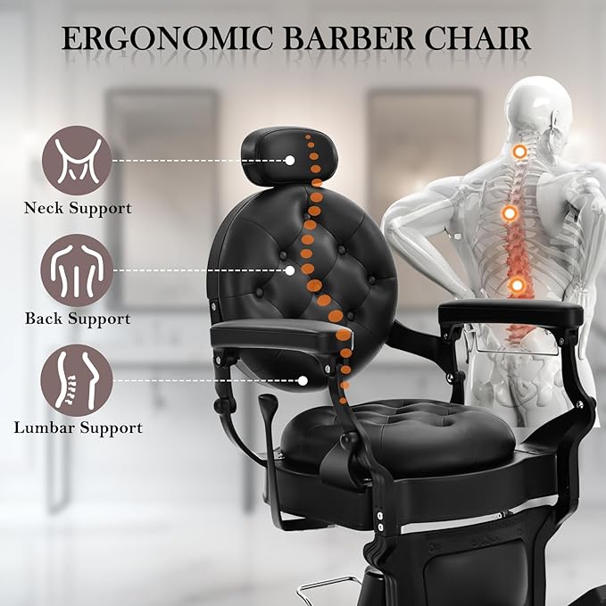 Vintage Barber Chair for Barbershop, Heavy Duty Reclining Salon Chair for Hair Stylist, Professional Hydraulic 360° Swivel Beauty Spa Hairdressing Styling Equipment, 550 lbs Capacity, Black