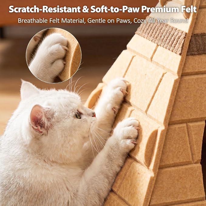 Cat Cave, Pyramid Felt Cat Scratch House for Indoor Cats | Scratch-Resistant & Foldable Cat House, Calming Kitten Sleeping Hideaway, Pharaoh Headdress Included, 17x17x20 inch