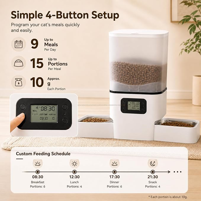 Automatic Cat Feeder for 2 Cats & Small Dog, 6L Large Capacity for Dry Food | Timed Cat Food Dispenser with 2 Stainless Steel Bowl, Dual Power Supply, Detachable & Dishwasher Safe, LED Display Screen