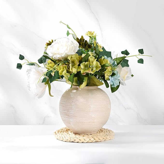 Rustic Ceramic Vintage Farmhouse Vase for Decor (Small Ribbed Whitewash) | 6'' Boho Textured Vase for Home Decor, Round Clay Terracotta Bowl vase for Living Room, Table, Shelf, Centerpieces