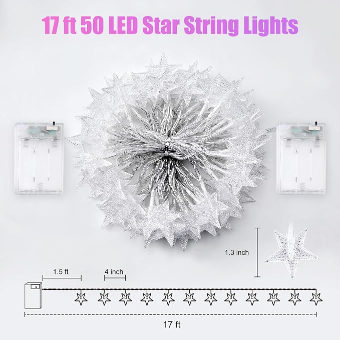 Minetom Star String Lights Battery Operated - 2 Pack 17 ft 50 LED Star Fairy String Lights with Timer, Waterproof for Indoor Bedroom Tent Loft Bed Patio Party Wedding Decor, Multi-Color