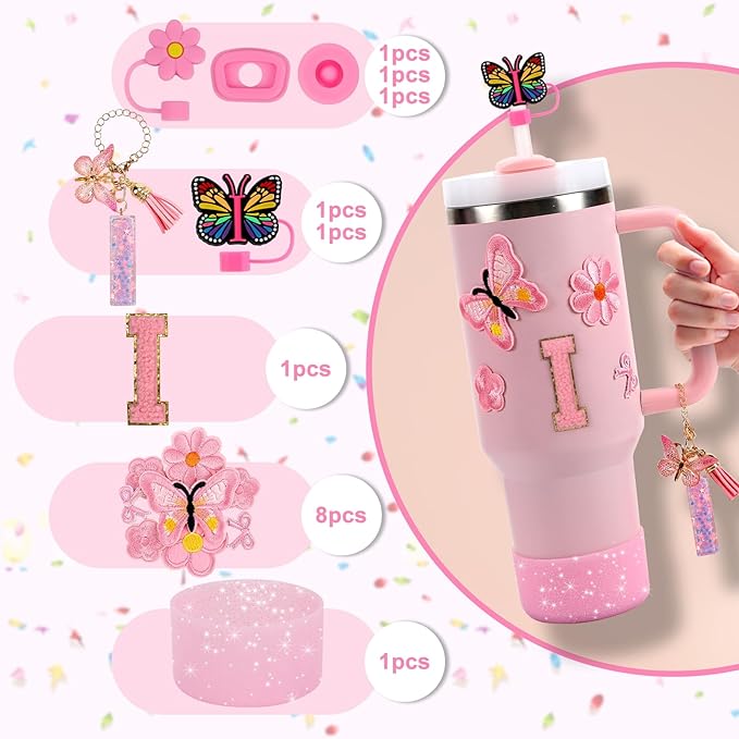 15PCS Cup Accessories Set for Stanley Cup 30oz 40oz Tumbler with Handle, Including Silicone Straw Cover and Boot, Spill Proof Stopper, Stanley Charms, Handle Charm, Initials Sticker